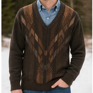 Cotton Traders VTG SZ XL Wool Blend Subtle Neutral V Neck 3D Print Sweater